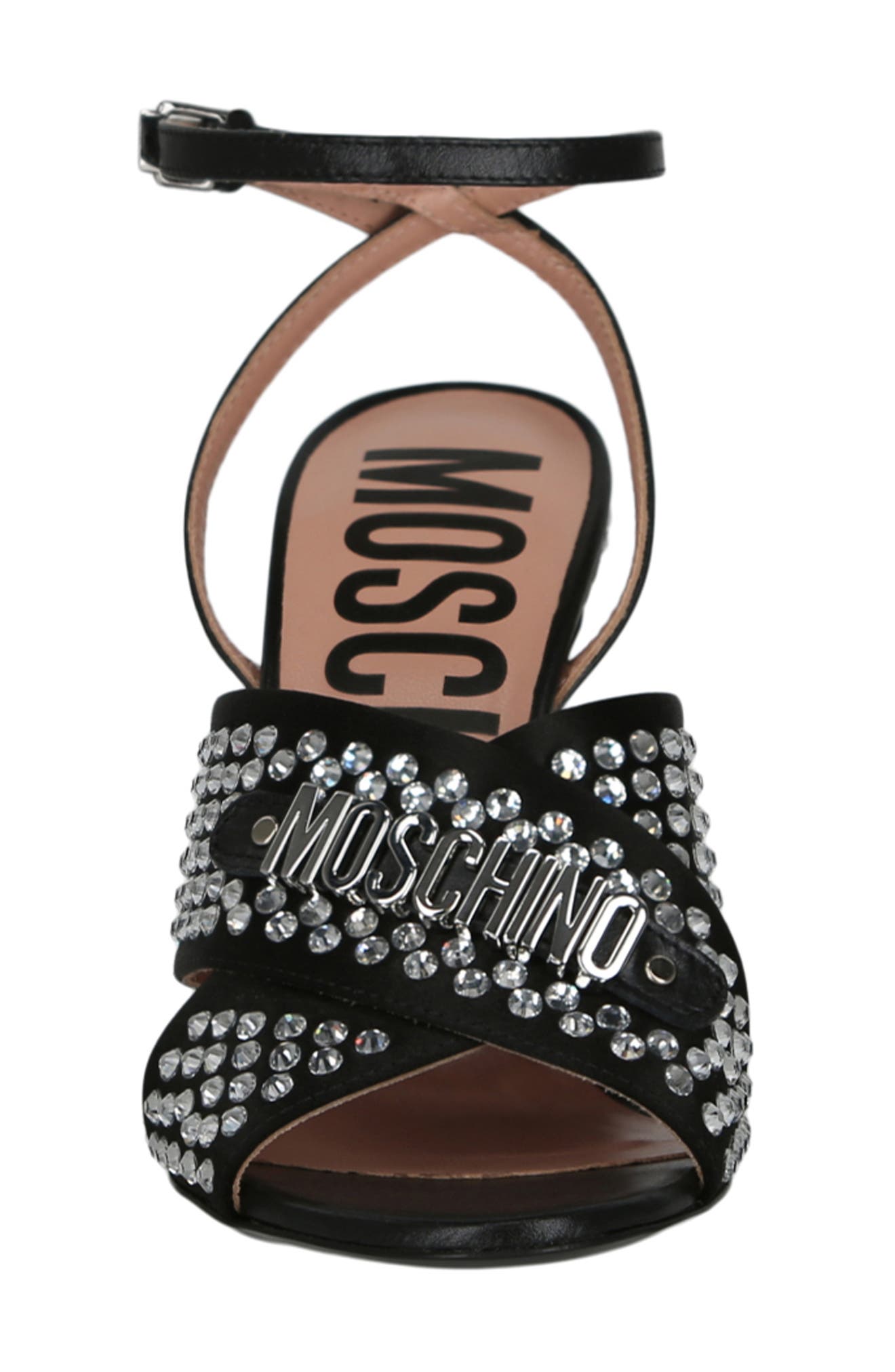 Moschino Crystal Embellished Satin Sandal, Alternate, color, Black