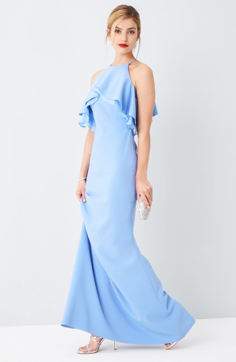 Badgley Mischka Collection Badgley Mischka Ruffle Shoulder Gown, Main, color, 