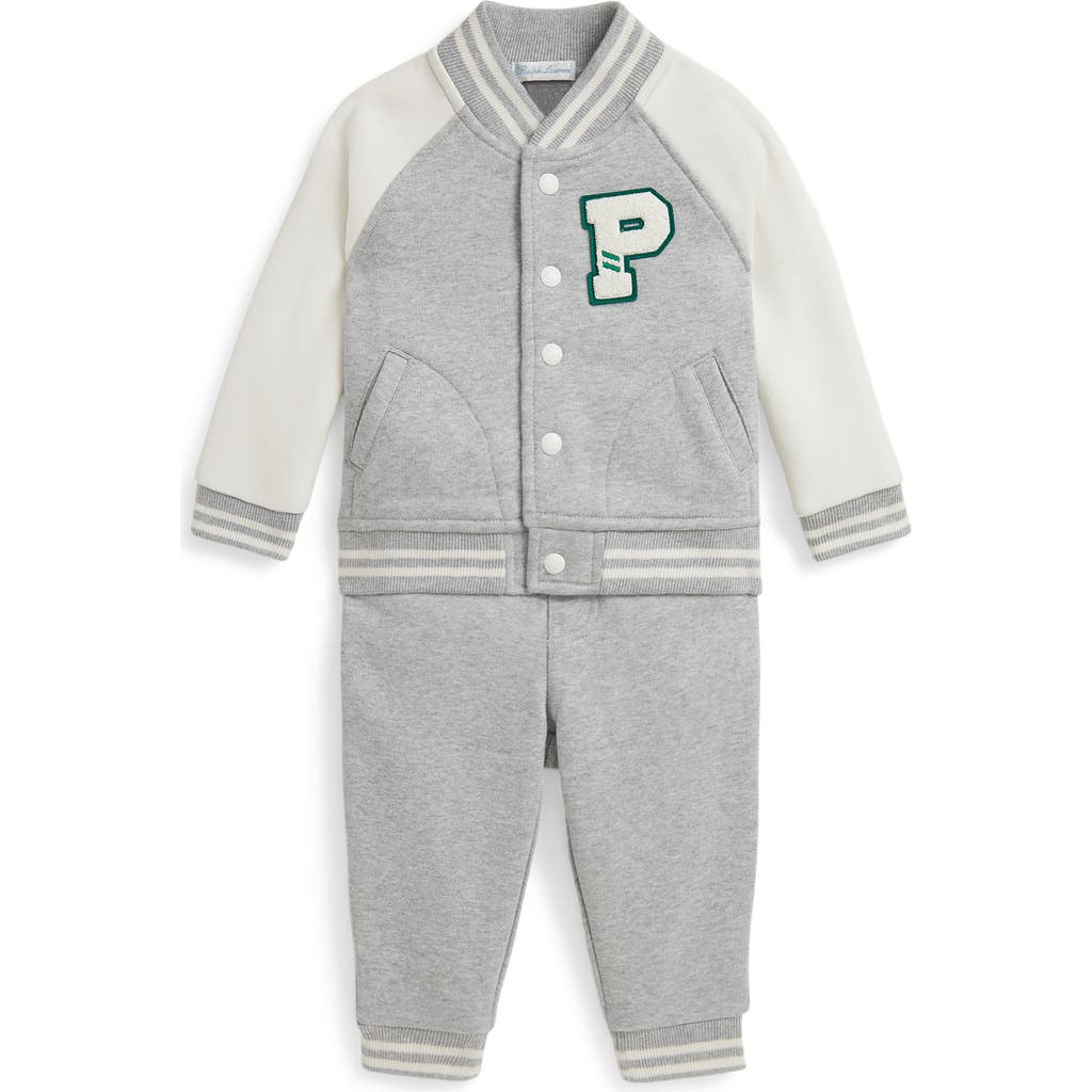 Ralph Lauren Fleece Baseball Jacket & Joggers Set In Gray