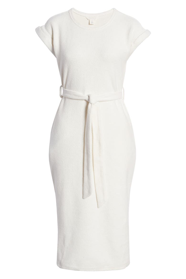 Textured Knit Tie Waist Cotton Blend Midi Dress, Alternate, color, IVORY