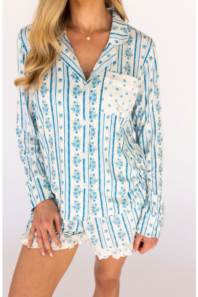Forever Blooming Short Sleeve Short Set, Main, color, Cream / Blue Roses