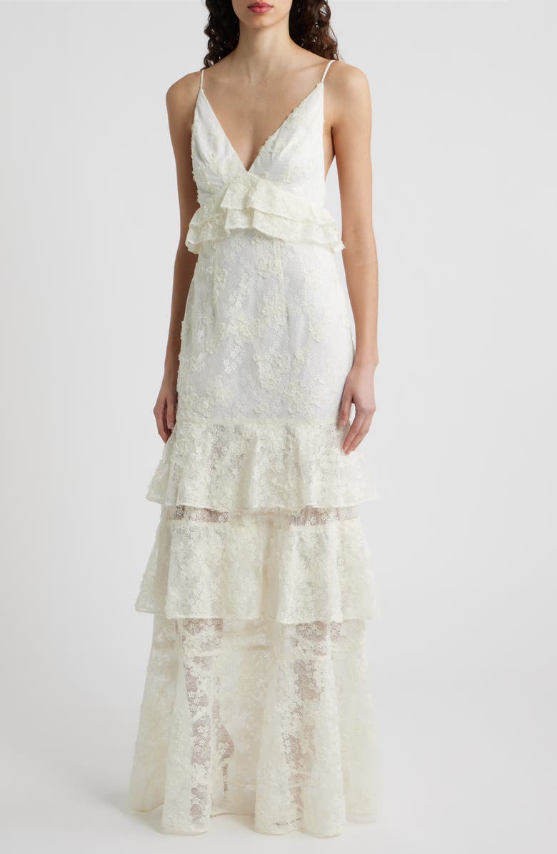 Black Halo Eris Floral Lace Tiered Gown, Main, color, Cream