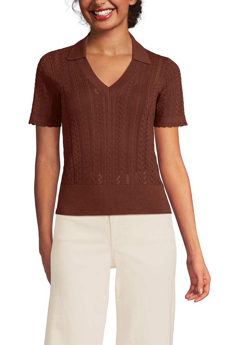 Fine Gauge Cotton Pointelle Polo Sweater, Main, color, Earthen Clay