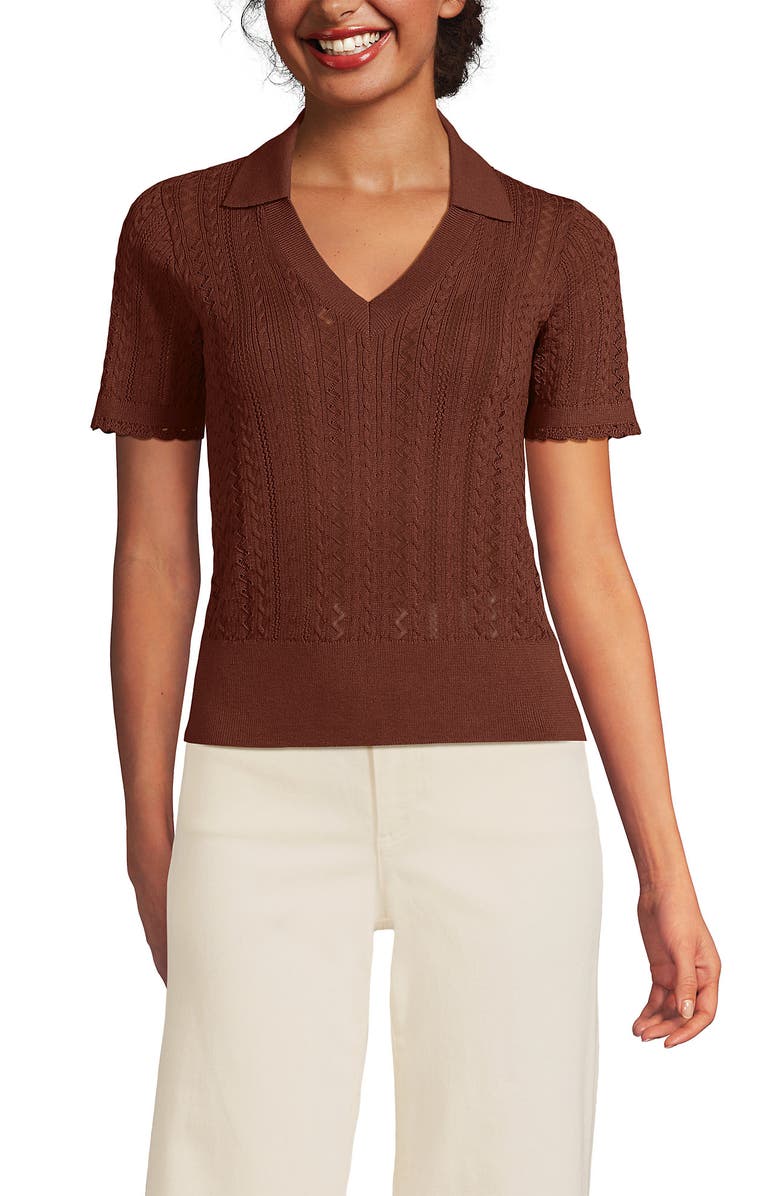 Lands' End Fine Gauge Cotton Pointelle Polo Sweater, Main, color, Earthen Clay