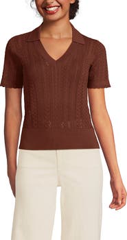 Lands' End Fine Gauge Cotton Pointelle Polo Sweater