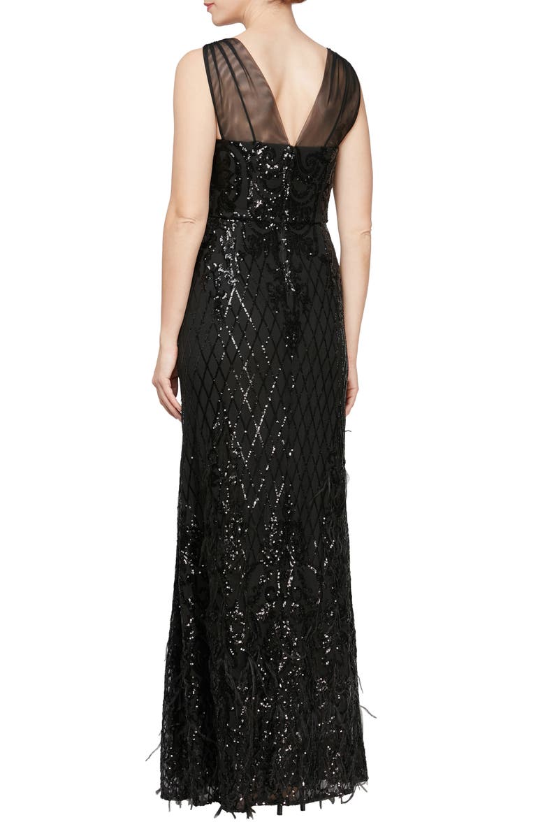 Alex Evenings Sequin & Feather Illusion Mesh Gown, Alternate, color, 