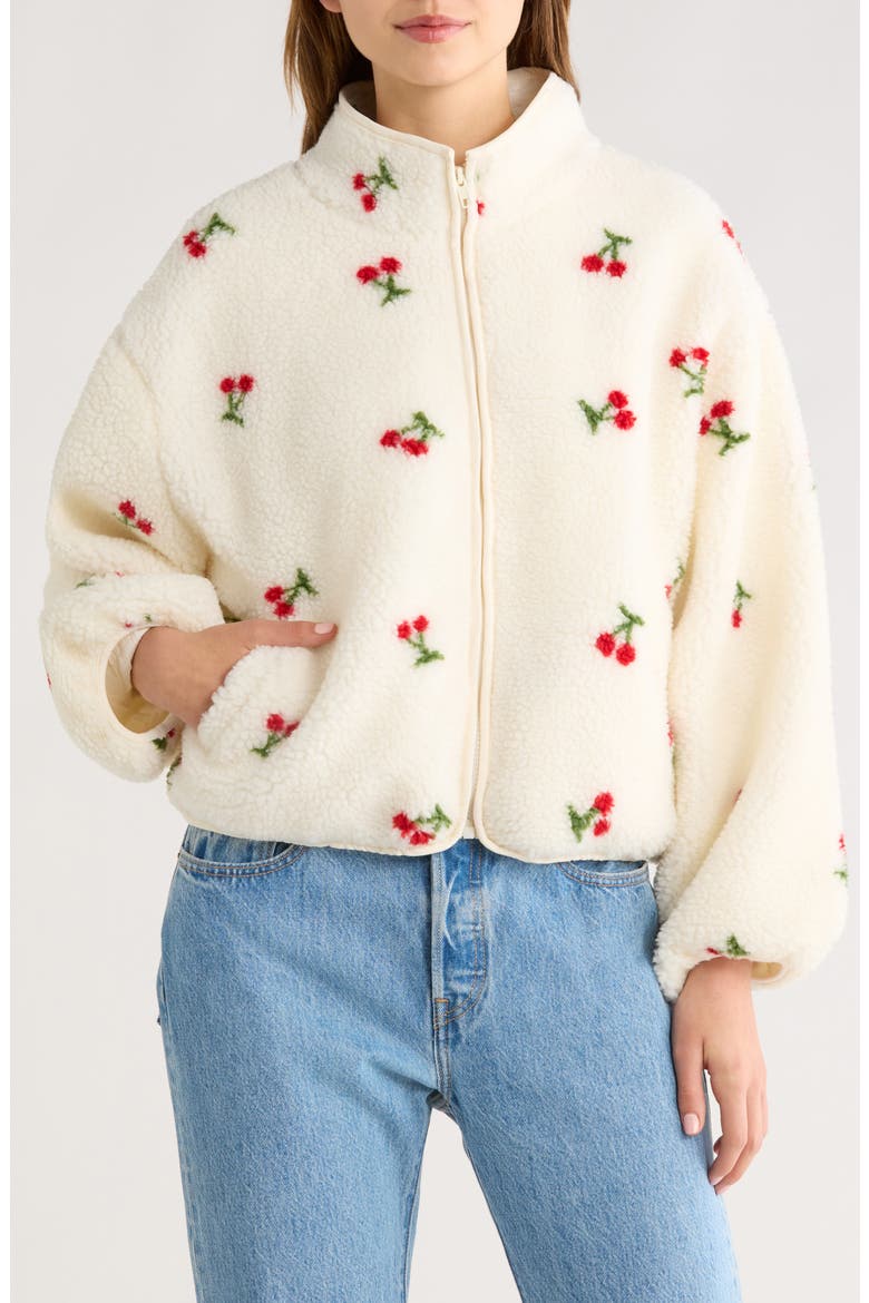 Cherry Print High Pile Fleece Jacket, Alternate, color, IVORY CHERRY