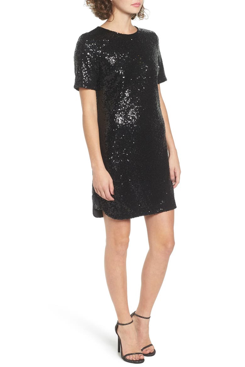 Sequin T-Shirt Dress, Alternate, color, BLACK