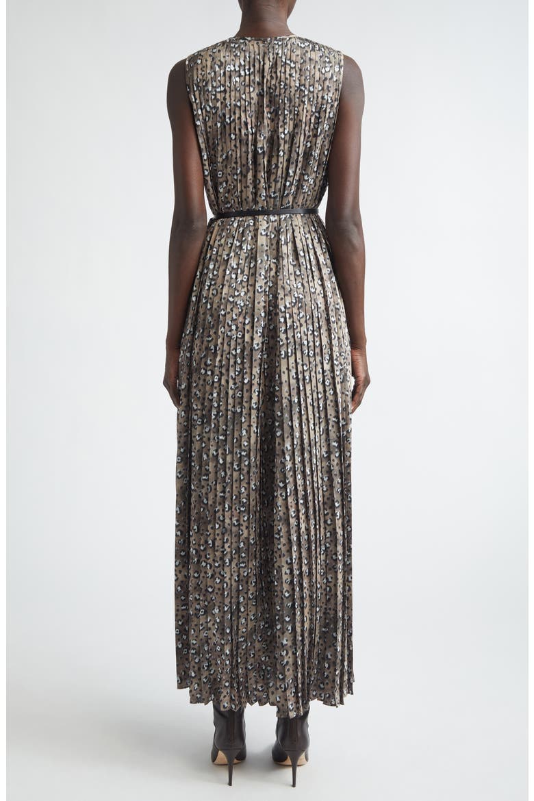 Leopard Print Accordion Pleat Belted Satin A-Line Dress, Alternate, color, BROWNSTONE MULTI