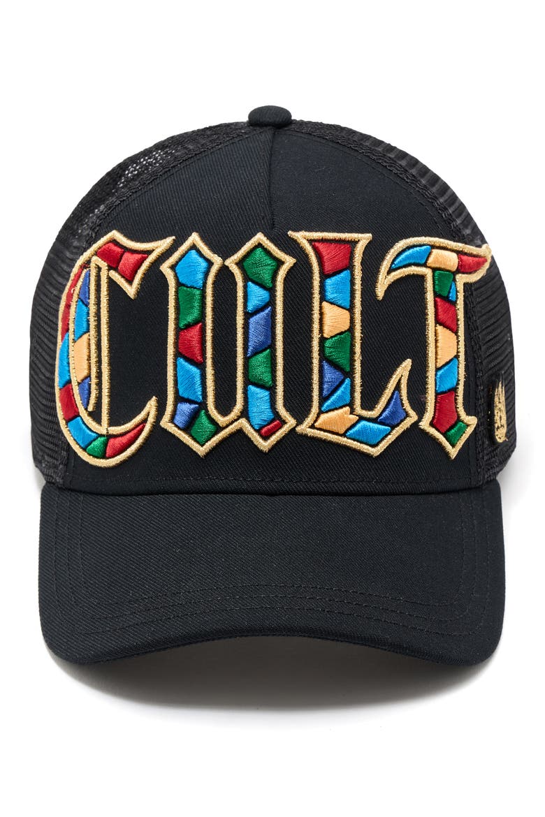 Stained Glass Logo Trucker Hat, Main, color, BLACK