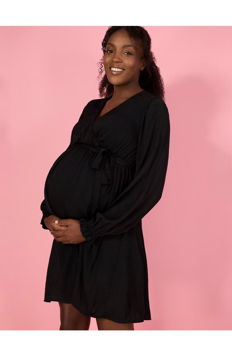 MOTHERHOOD MATERNITY Woven Wrap Long Sleeve Mini Dress, Alternate, color, Black