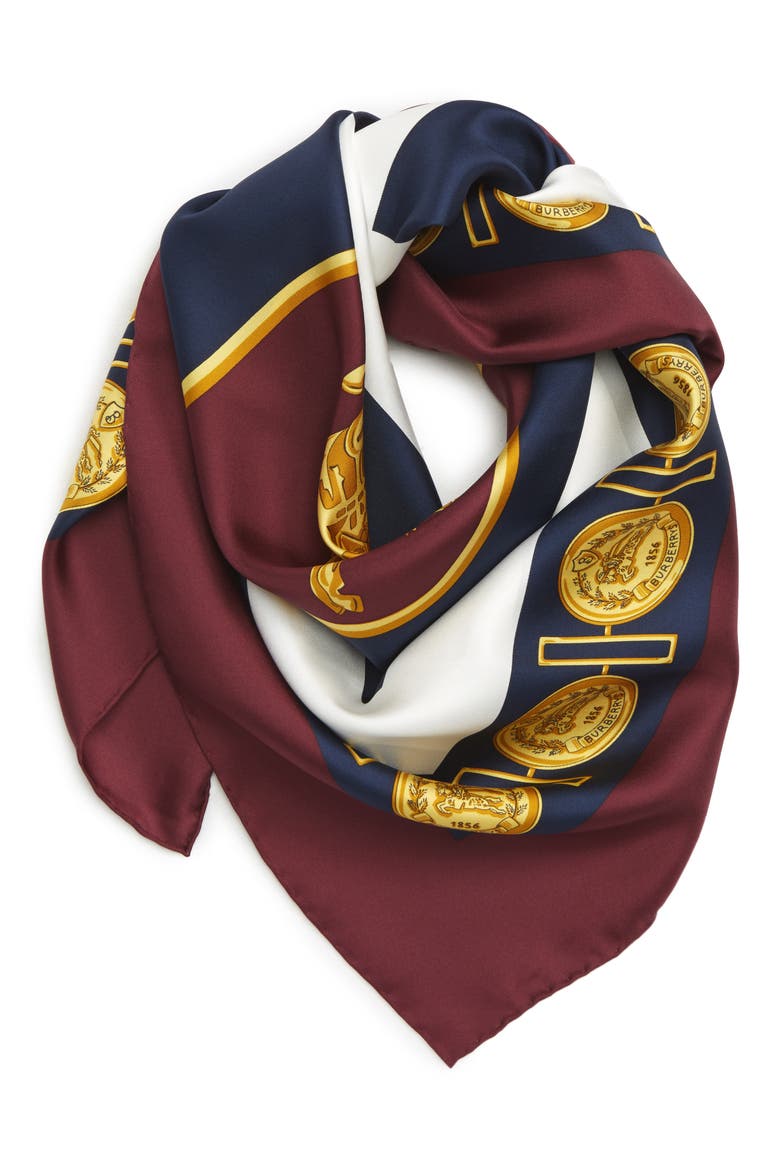 Archive Print Square Silk Scarf, Alternate, color, BURGUNDY
