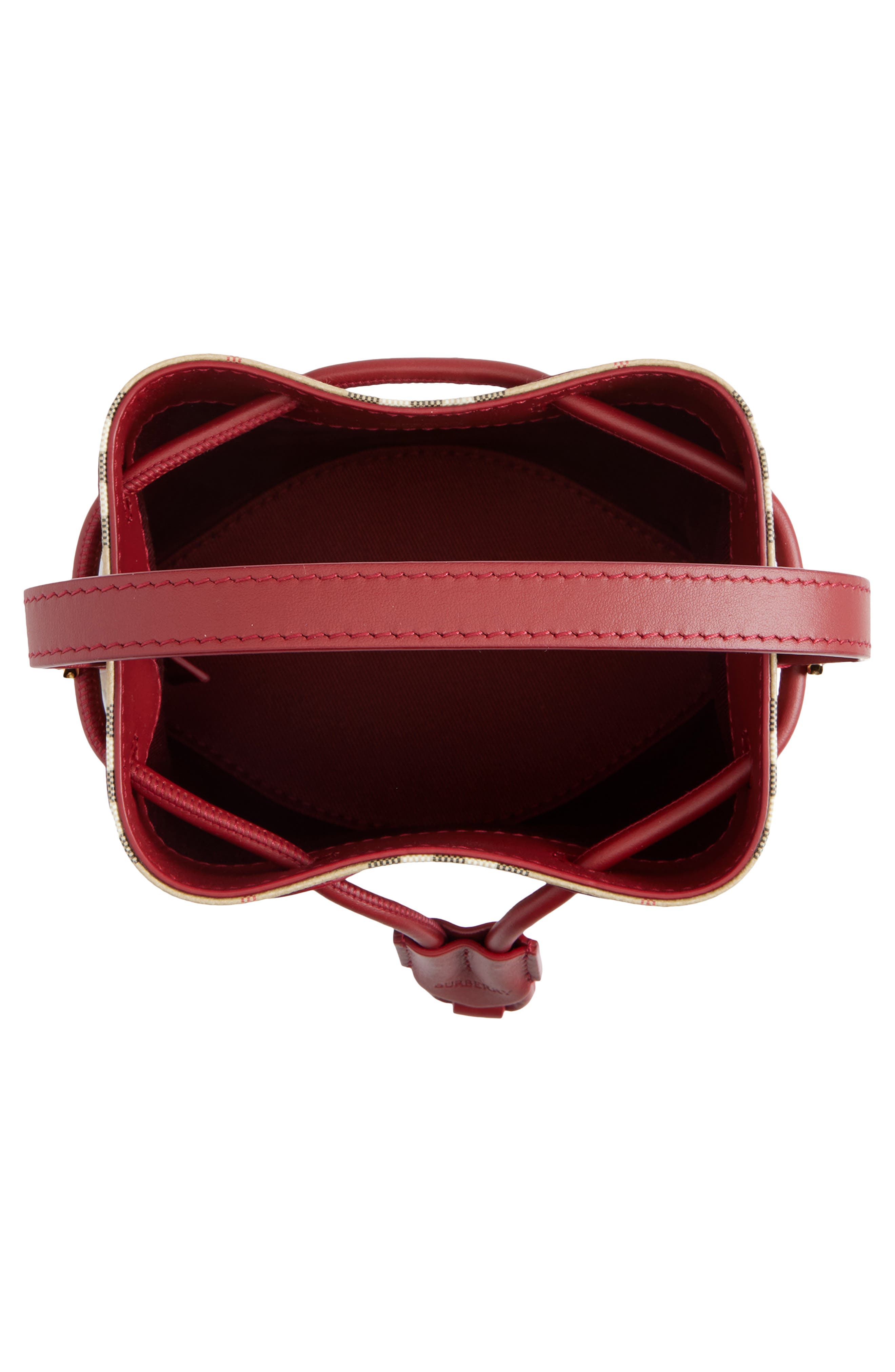Burberry Mini Check Bucket Bag, Alternate, color, Archive Beige /Ruby Red