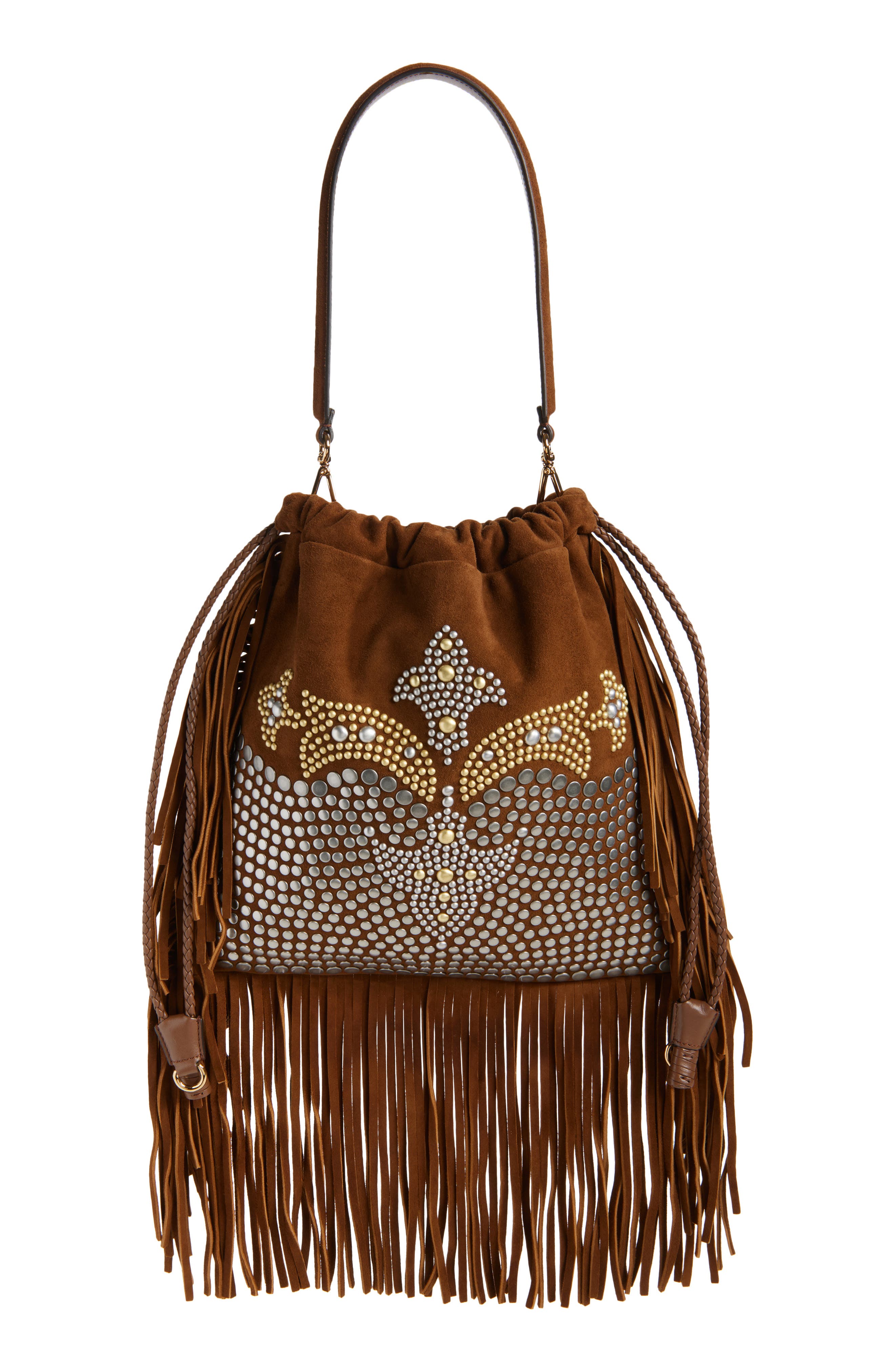 Etro Kalispera Stud & Fringe Suede Shoulder Bag, Main, color, Brown