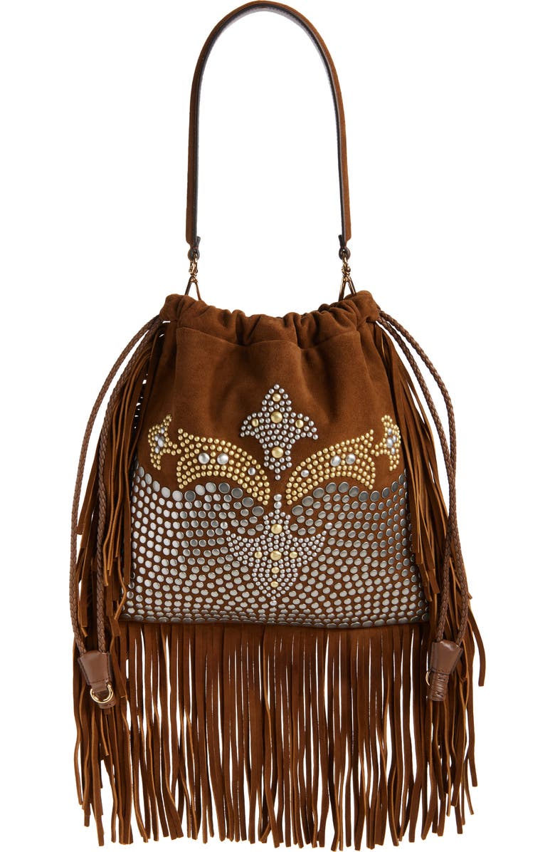 Etro Kalispera Stud & Fringe Suede Shoulder Bag, Main, color, Brown