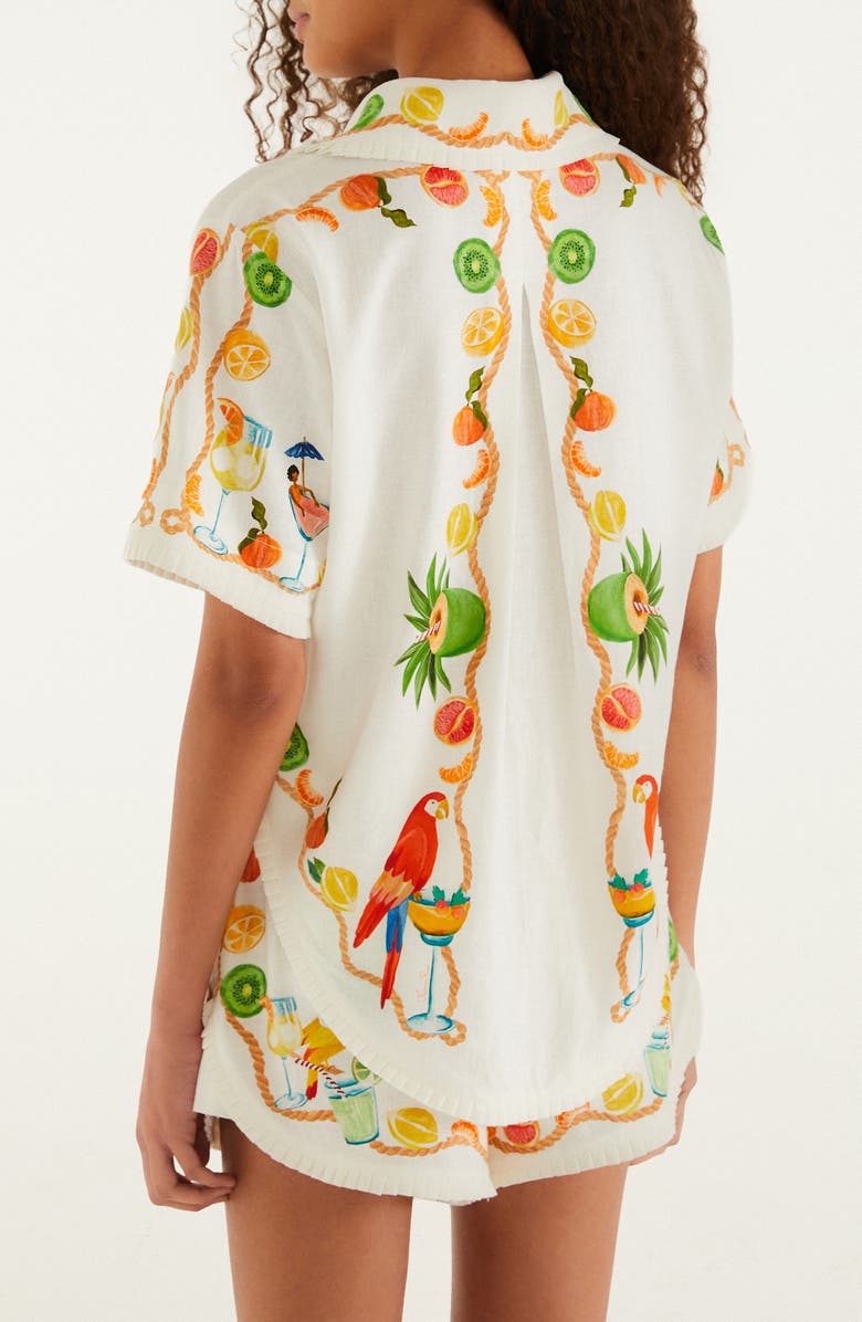 FARM Rio Biricutico Scarf Print Short Sleeve Linen Shirt, Alternate, color, Biricutico Scarf Off