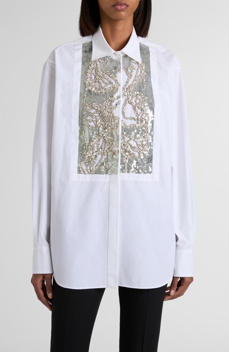 McQueen Banshee Embroidery Cotton Poplin Button-Up Shirt, Main, color, Optical White
