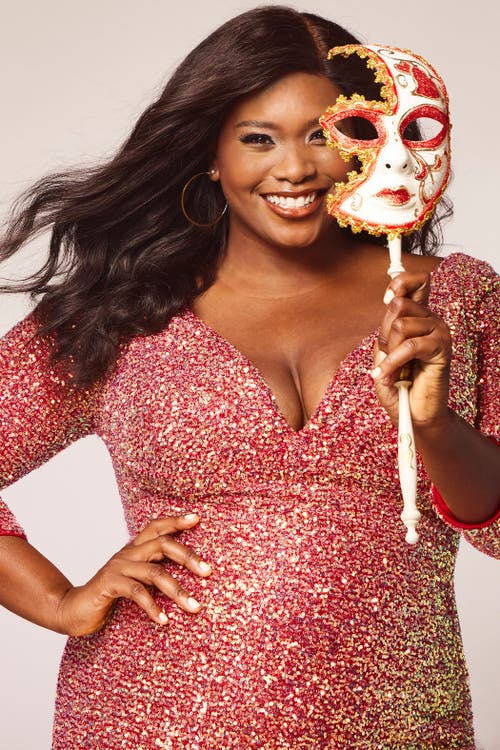 Sydney's Closet Fitted V-neck Multi-dimensional Sequin Long Sleeve Plus Size Gown In Firecracker Red