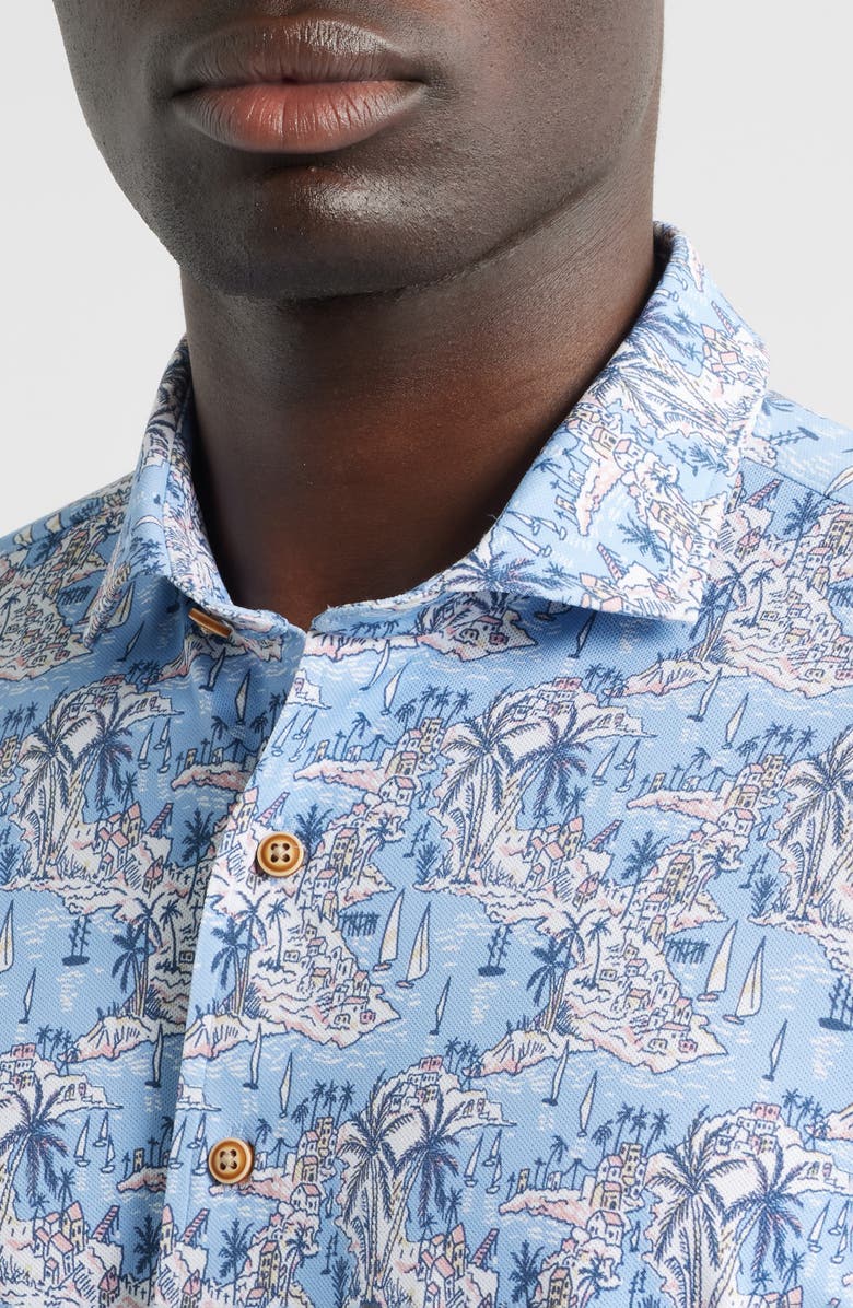 johnnie-O Otto Tropical Print Knit Short Sleeve Button-Up Shirt, Alternate, color, Infinity