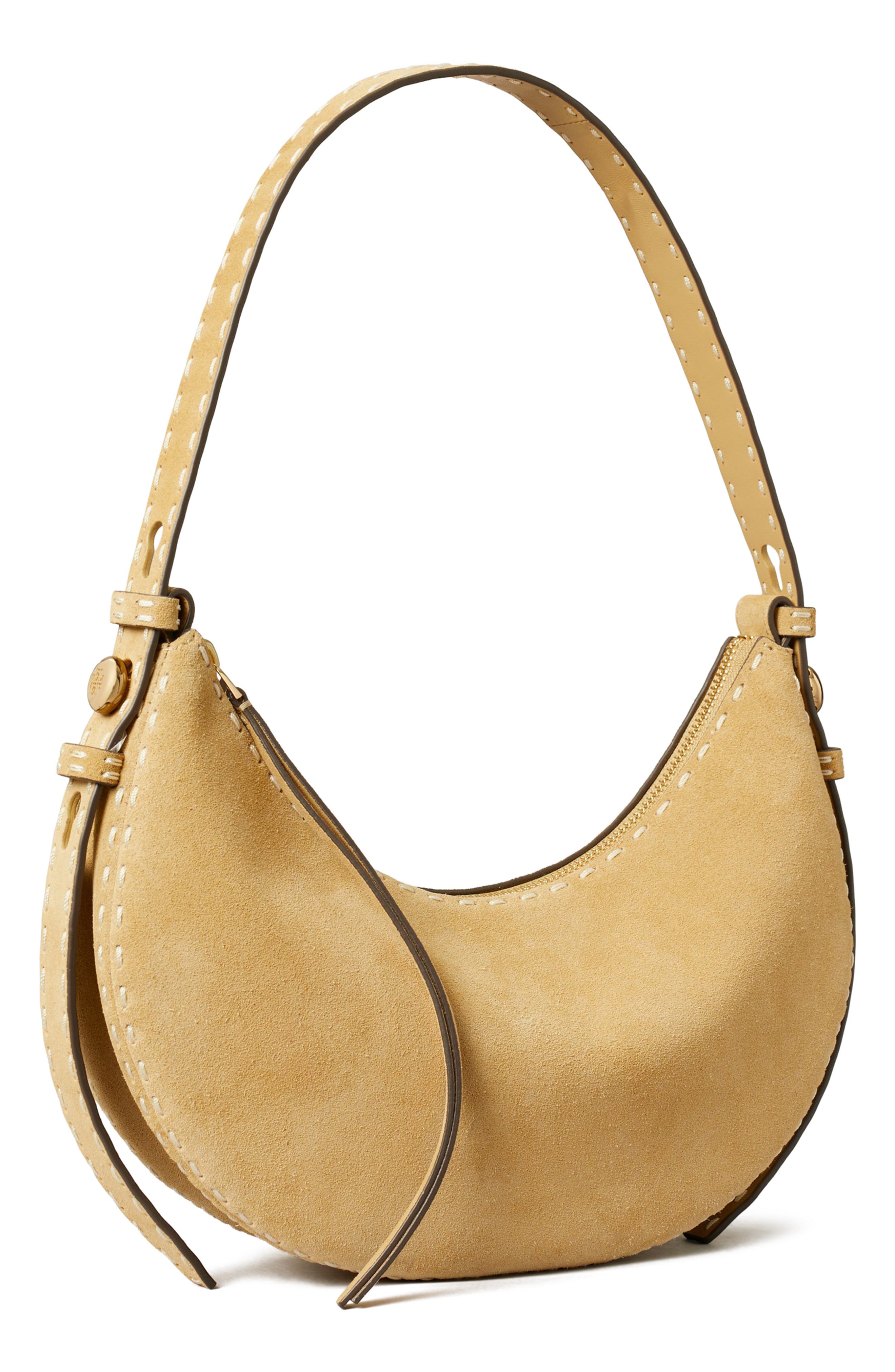 Tory Burch Romy Suede Half Moon Shoulder Bag, Alternate, color, Butter