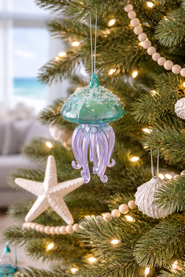 Glitter Jellyfish Small Glass Hanging Christmas Tree Ornament 5", Alternate, color, Green