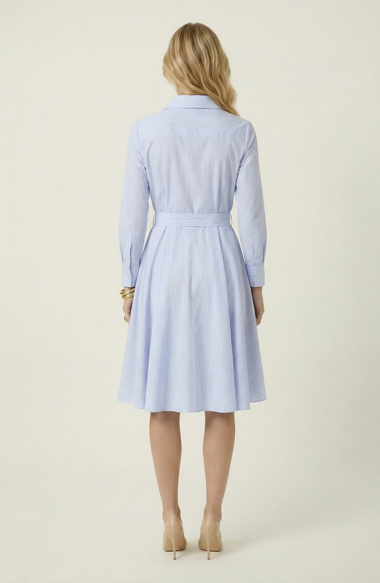 Modenaire Striped Tie Neck Bow Waist Belt Shirt Dress, Alternate, color, Light Blue / White Stripes