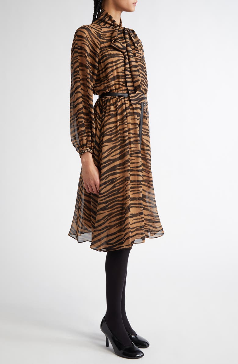 Max Mara Studio Glizia Tiger Stripe Long Sleeve Belted Silk Georgette Midi Shirtdress, Alternate, color, 