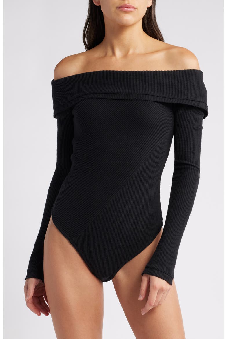 Autumn Cozy Off the Shoulder Waffle Stitch Bodysuit, Alternate, color, BLACK