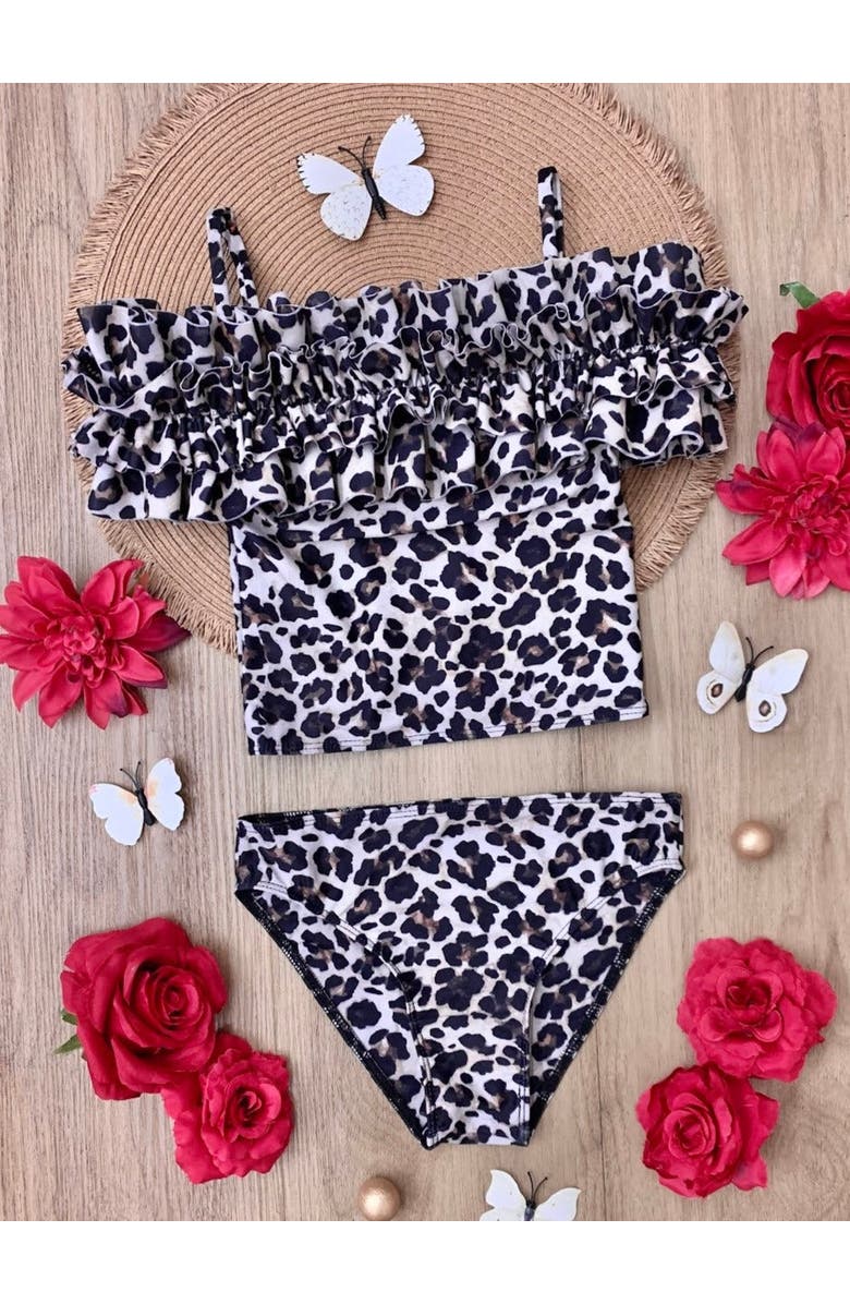 Mia Belle Girls Wildcat Chic Ruffle Tankini Two Piece Swimsuit, Alternate, color, Leopard