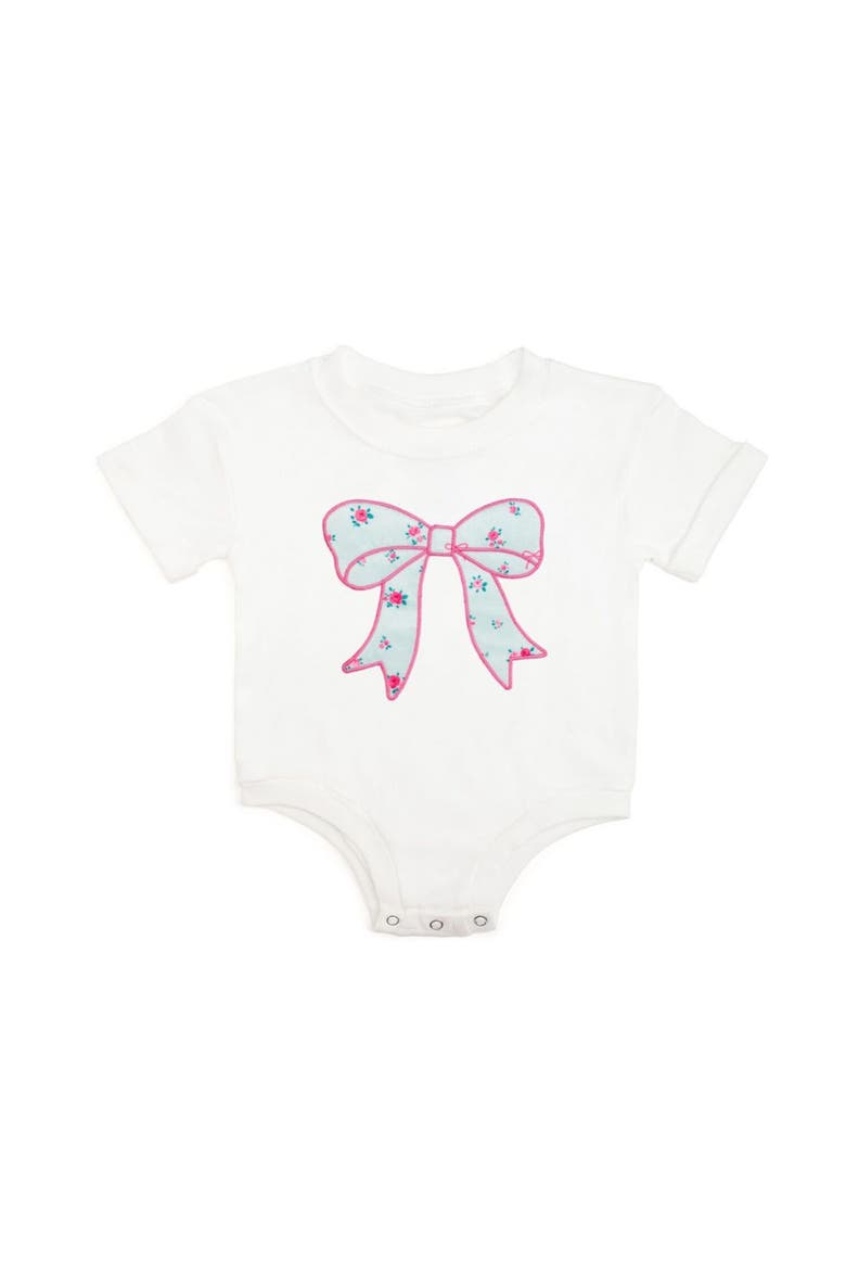 Sky Blue Floral Bow Short Sleeve Romper, Main, color, White