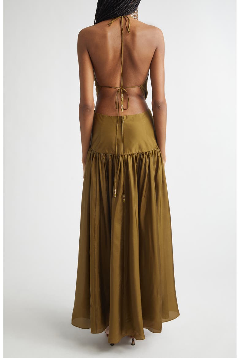 Indra Plunge Halter Silk Maxi Dress, Alternate, color, OLIVE