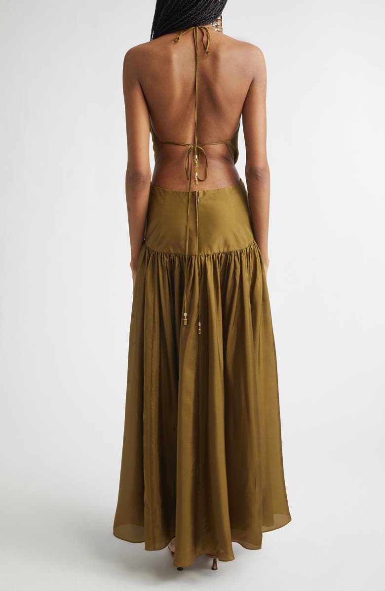 Zimmermann Indra Plunge Halter Silk Maxi Dress, Alternate, color, Olive