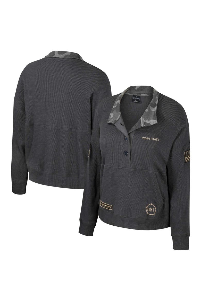 Women's Colosseum  Heather Charcoal Penn State Nittany Lions OHT Military Appreciation Payback Henley Thermal Sweatshirt, Main, color, Heather Charcoal