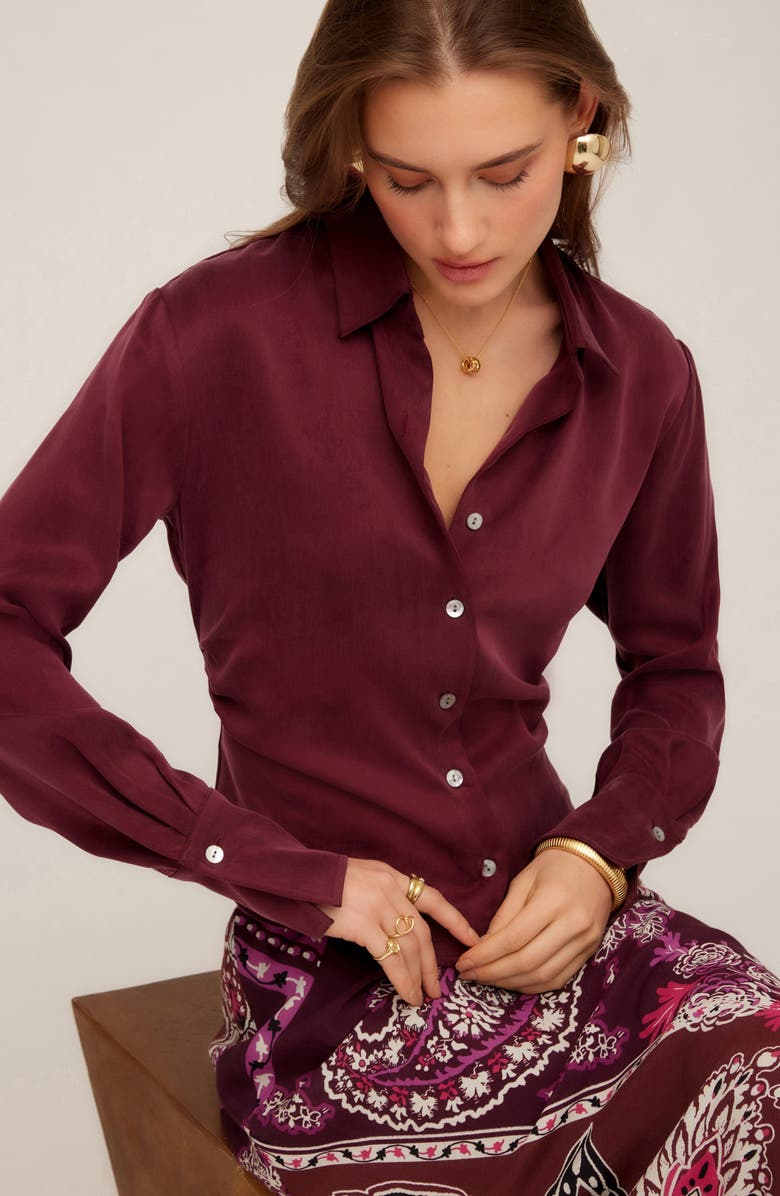 FIFTEEN TWENTY Tawnie Side Pleat Satin Button-Up Shirt, Alternate, color, Wine