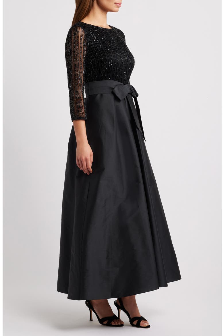Bow Long Sleeve Sequin & Taffeta Gown, Alternate, color, BLACK