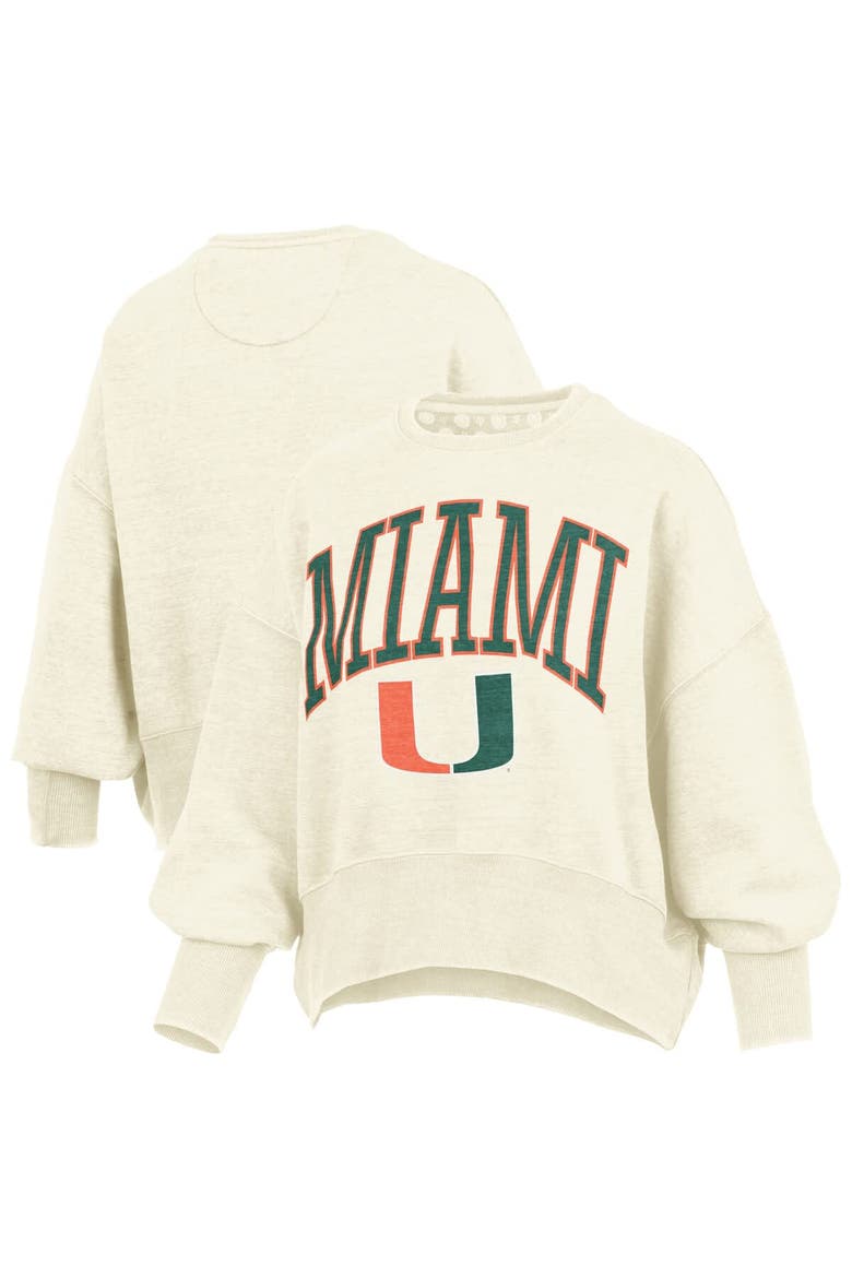 Women's Pressbox Natural Miami Hurricanes Oversized Waist-Length Crewneck Sweatshirt, Main, color, Natural