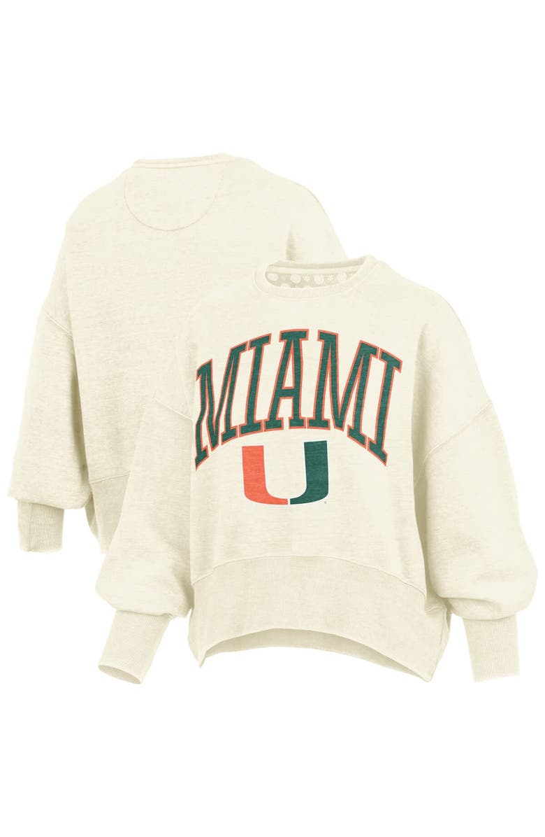 PRESSBOX Women's Pressbox Natural Miami Hurricanes Oversized Waist-Length Crewneck Sweatshirt, Main, color, Natural