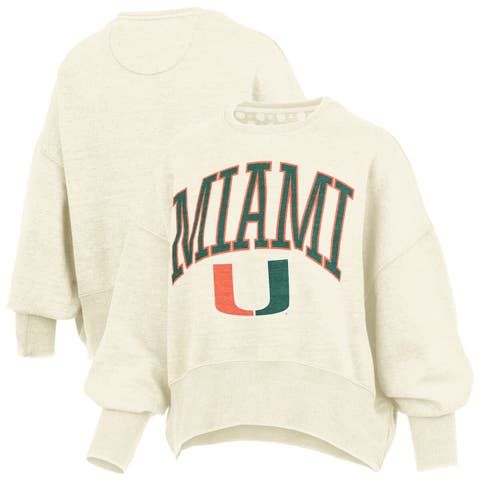 Women's Pressbox Natural Miami Hurricanes Oversized Waist-Length Crewneck Sweatshirt