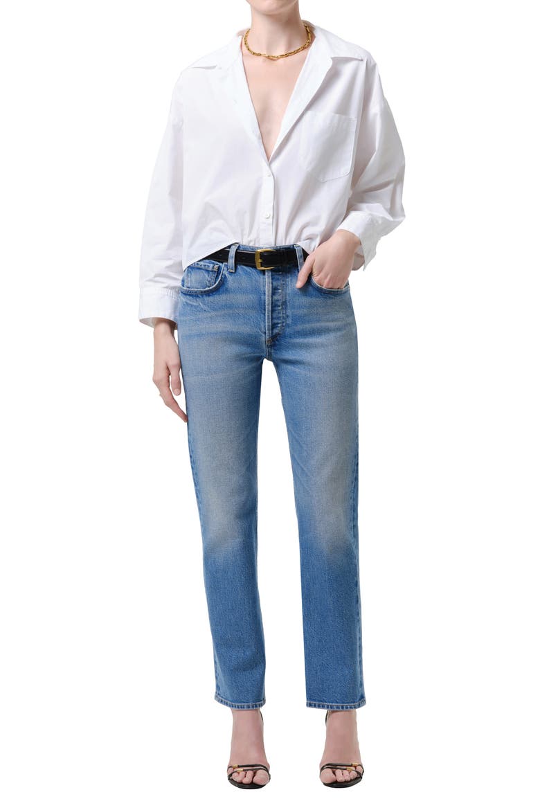 Savannah High Waist Slim Straight Cigarette Jeans, Alternate, color, ALMA MEDIUM INDIGO