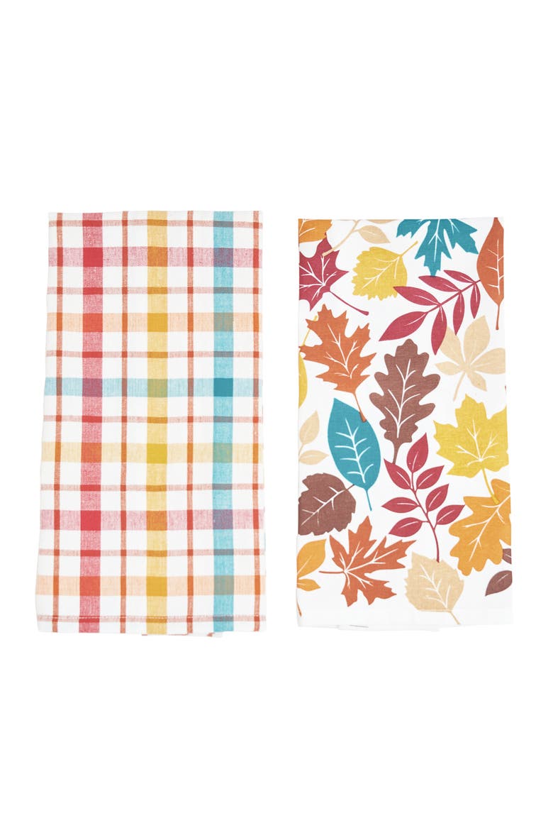 Fall Leaves & Plaid Printed Woven Kitchen Dishtowels Set of 2, Alternate, color, White