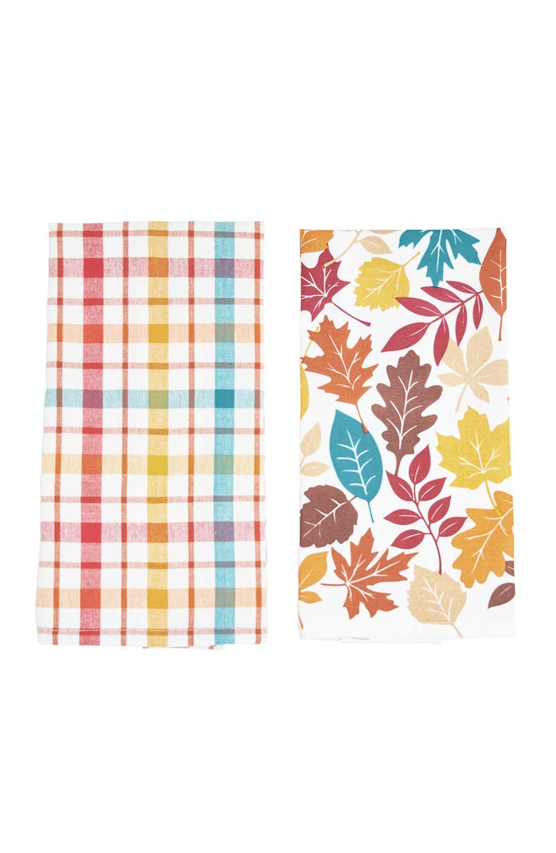 C&F Home Fall Leaves & Plaid Printed Woven Kitchen Dishtowels Set of 2, Alternate, color, White