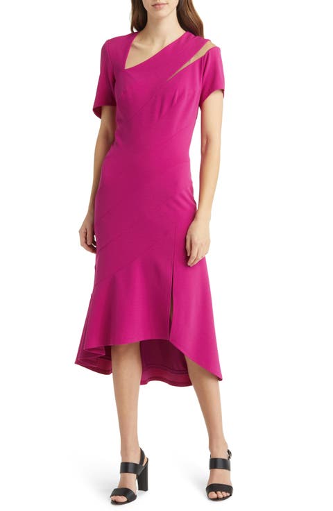 Asymmetric Neck Crepe Midi Cocktail Dress