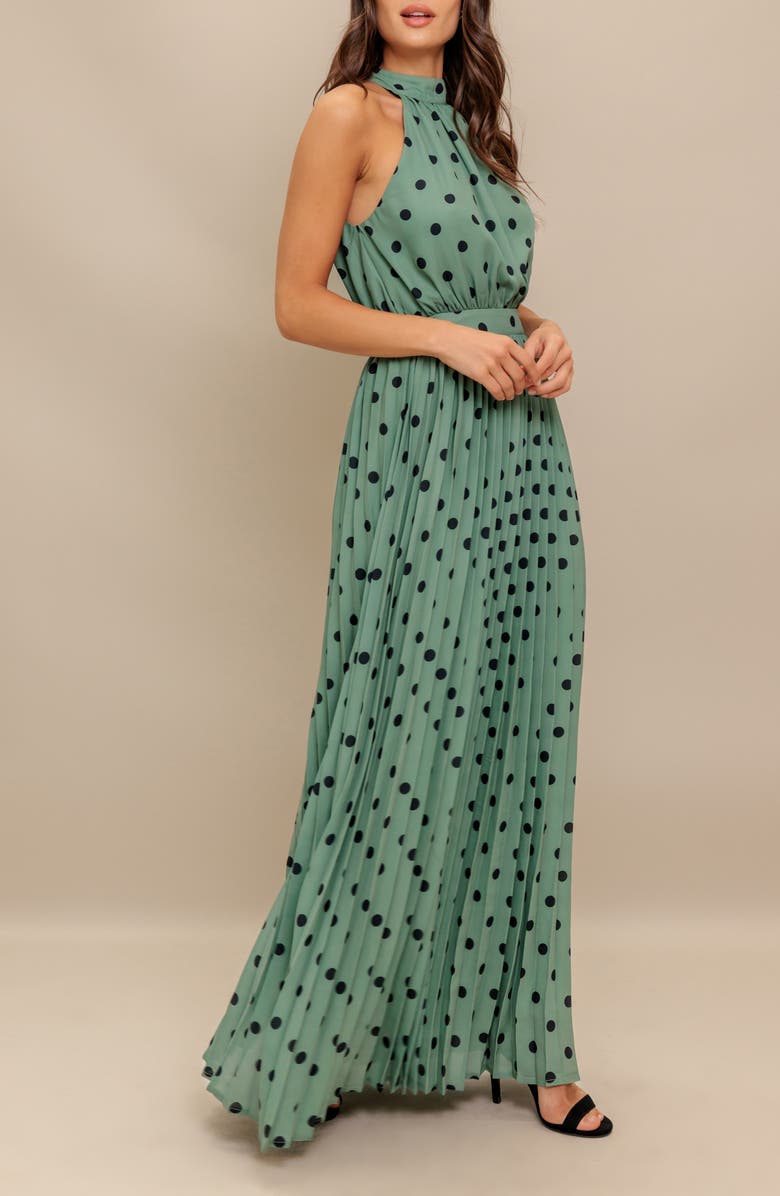 FLYING TOMATO Polka Dot Halter Maxi Dress, Alternate, color, Dark Sage