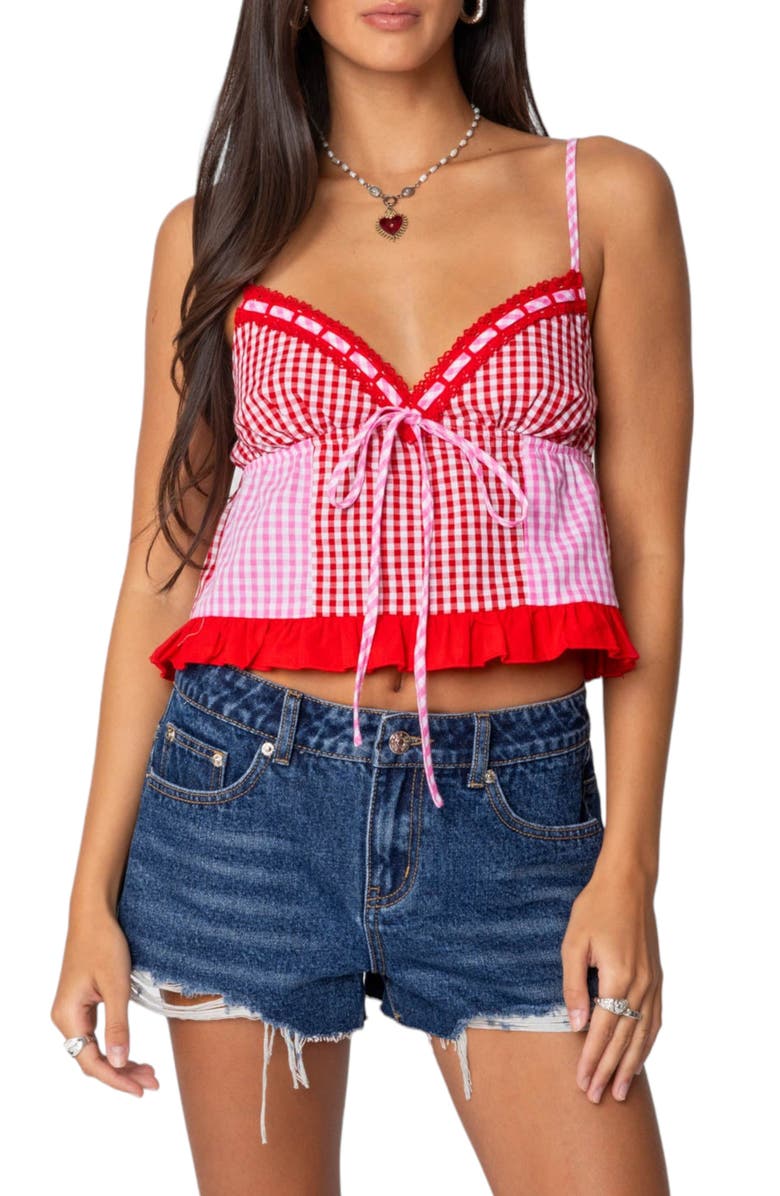 EDIKTED Joanne Mixed Gingham Camisole, Main, color, Red/Pink
