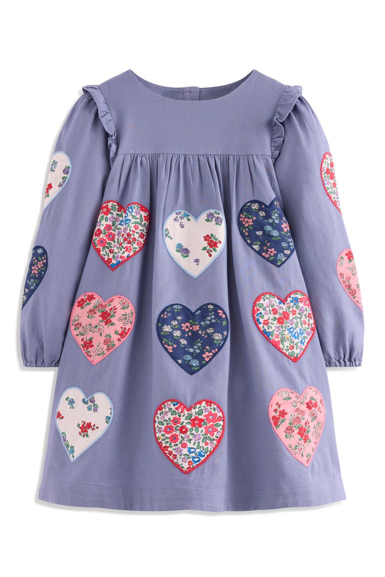 Kids' Heart Appliqué Long Sleeve Cotton Dress, Main, color, DUSTY BLUE HEARTS