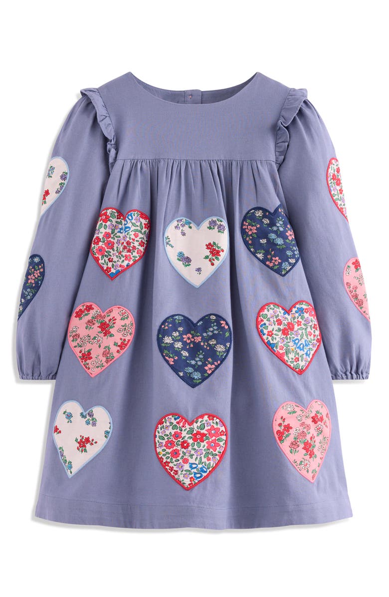 Mini Boden Kids' Heart Appliqué Long Sleeve Cotton Dress, Main, color, Dusty Blue Hearts