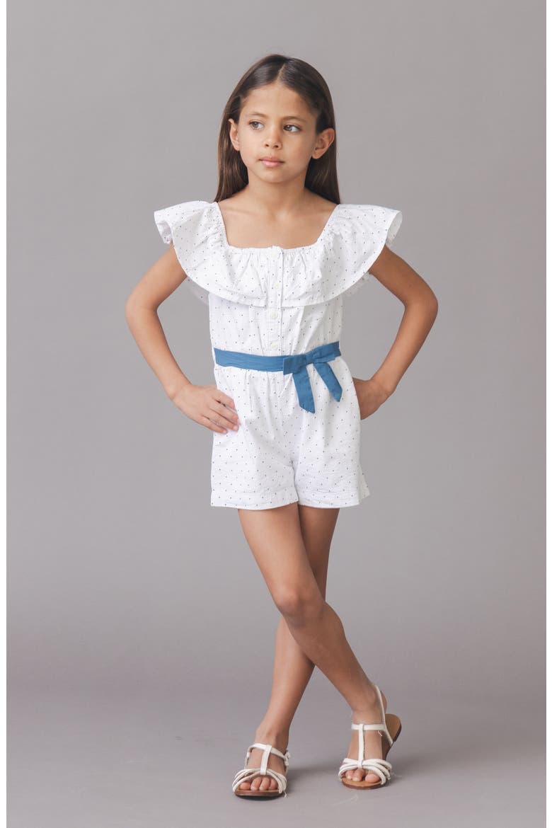 Kids' Organic Ruffle Collar Button Front Seersucker Romper, Alternate, color, Delft Dot Seersucker