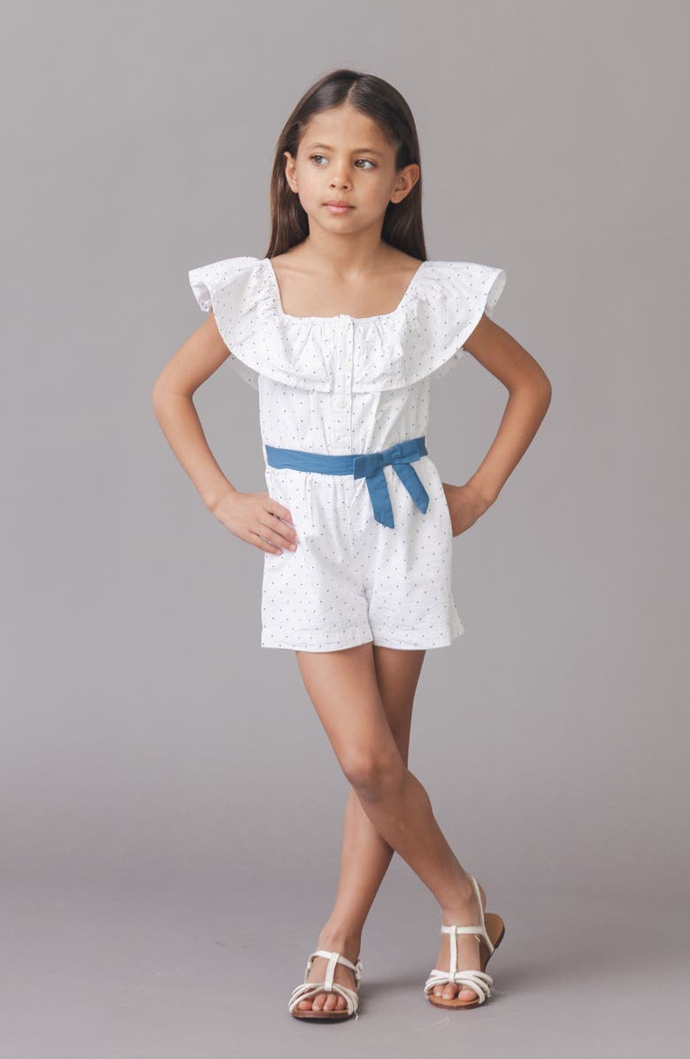 Hope & Henry Kids' Organic Ruffle Collar Button Front Seersucker Romper, Alternate, color, Delft Dot Seersucker