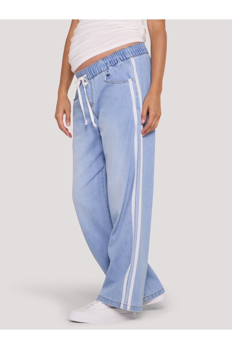 Drawstring Pull On Wide Leg Pant, Main, color, Light Wash with White Stripe