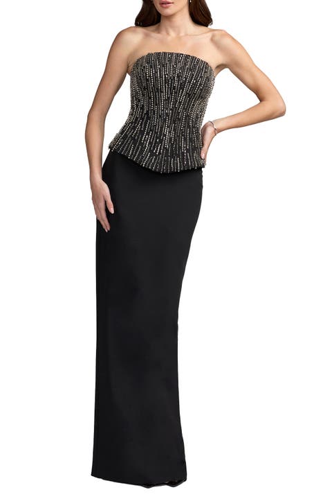 Embellished Crepe Strapless Column Gown